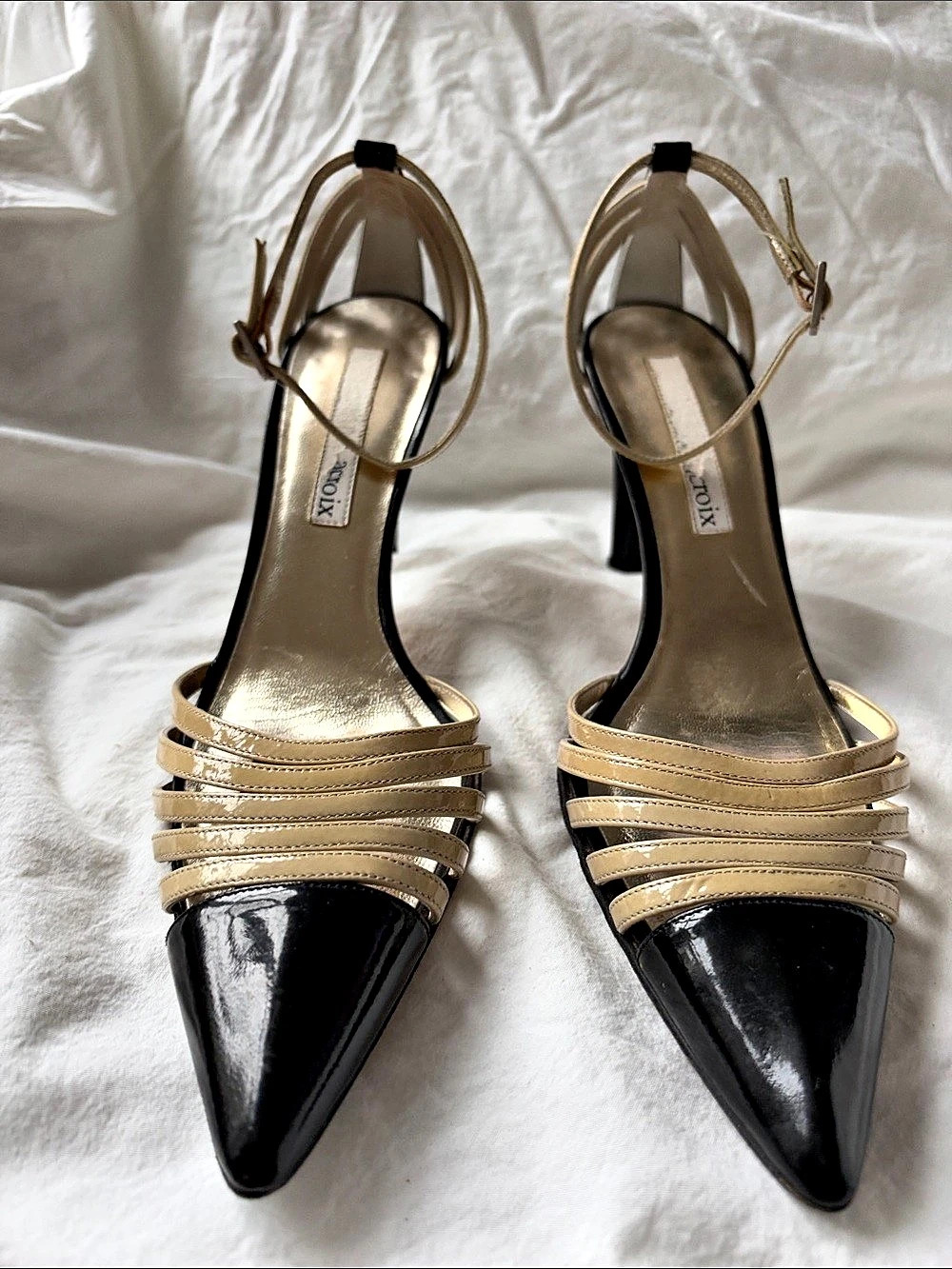 Christian Lacroix Pointed-Toe Strappy Heels in Black & Beige